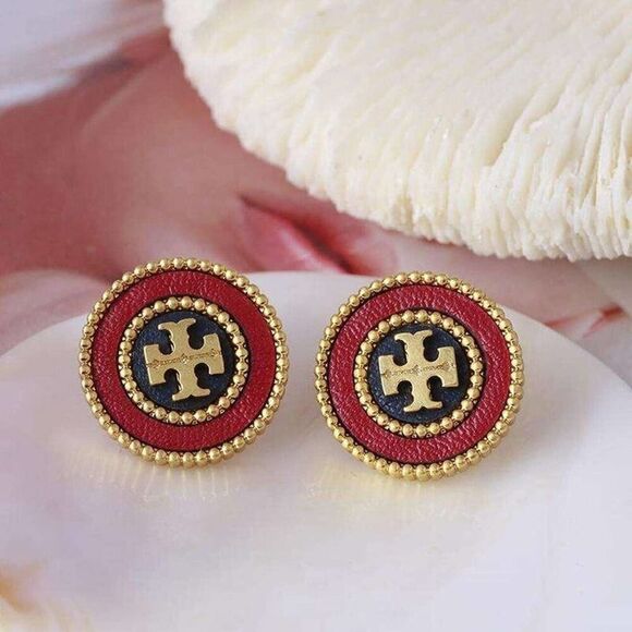 New Tory Burch Gold Logo, Black & Red Enamel Round Stud Earrings - Picture 3 of 7